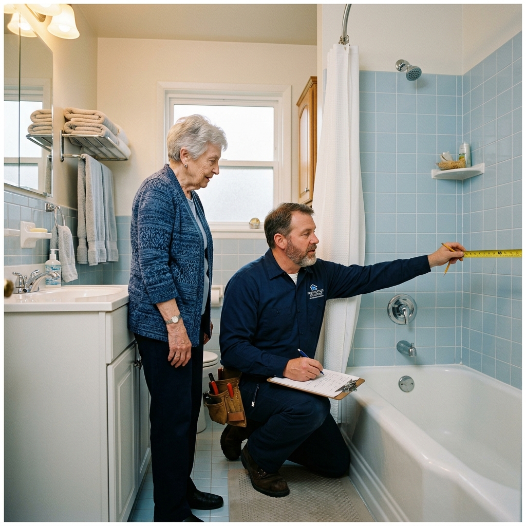 CAPS-certified contractor measuring a tub-to-shower conversion during an in-home aging-in-place assessment