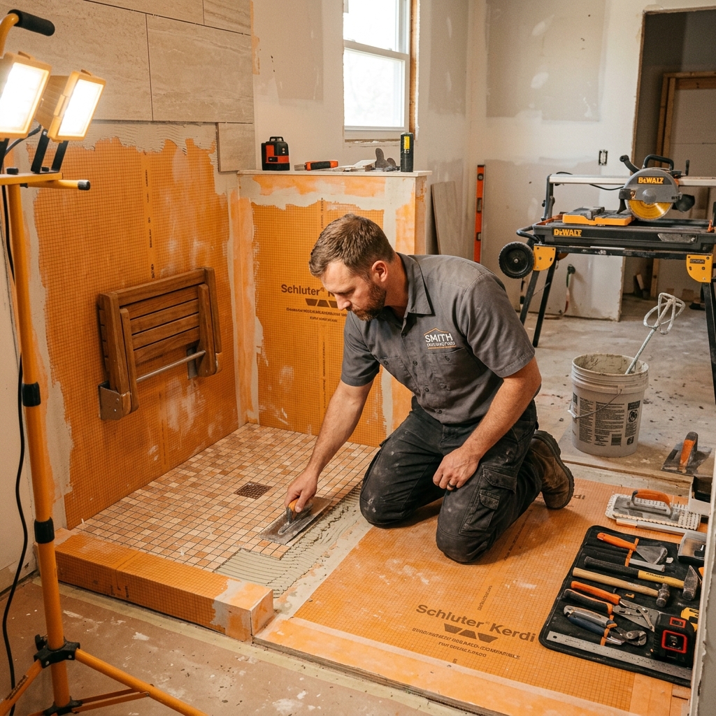 CAPS-certified contractor laying tile in a barrier-free walk-in shower retrofit, with professional tools and a folding shower seat installed